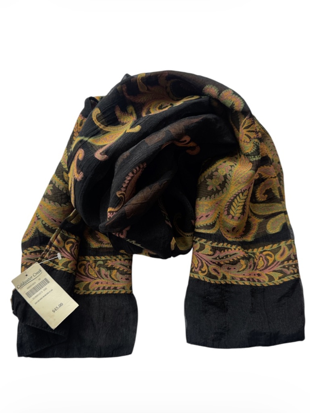 Coldwater Creek black and gold patterned paisley wrap or scarf New 78”x11”